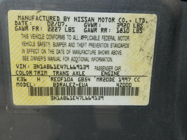 3N1AB61E47L669139 - 2007 NISSAN SENTRA 2.0 GRAY photo 10