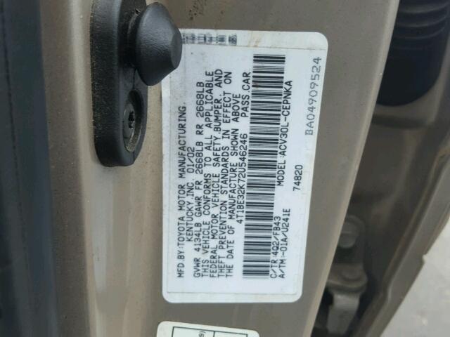 4T1BE32K72U546246 - 2002 TOYOTA CAMRY LE BEIGE photo 10