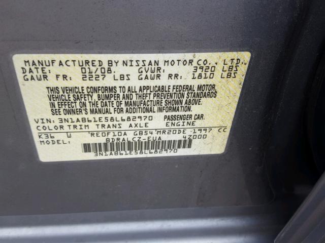 3N1AB61E58L682970 - 2008 NISSAN SENTRA 2.0 GRAY photo 10