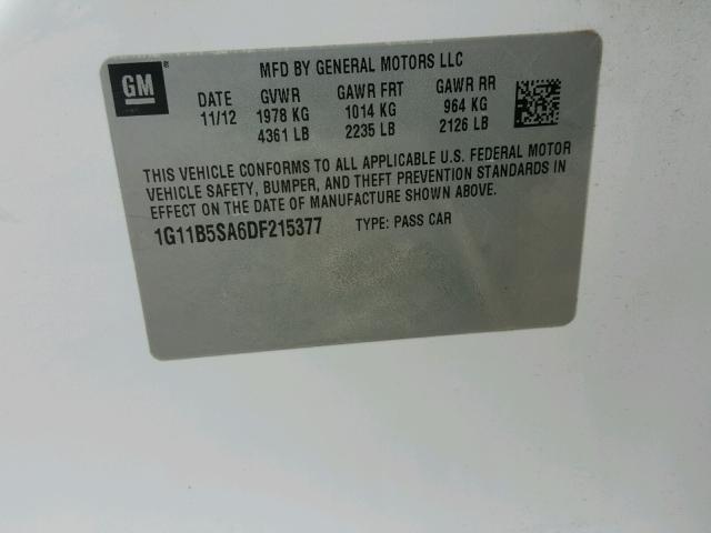 1G11B5SA6DF215377 - 2013 CHEVROLET MALIBU LS თეთრი ფოტო 10