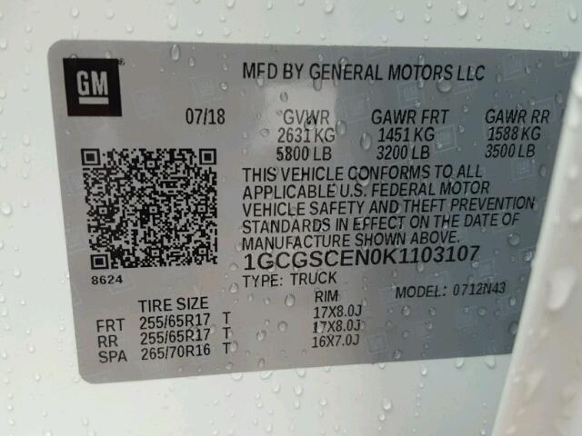 1GCGSCEN0K1103107 - 2019 CHEVROLET COLORADO L WHITE photo 10