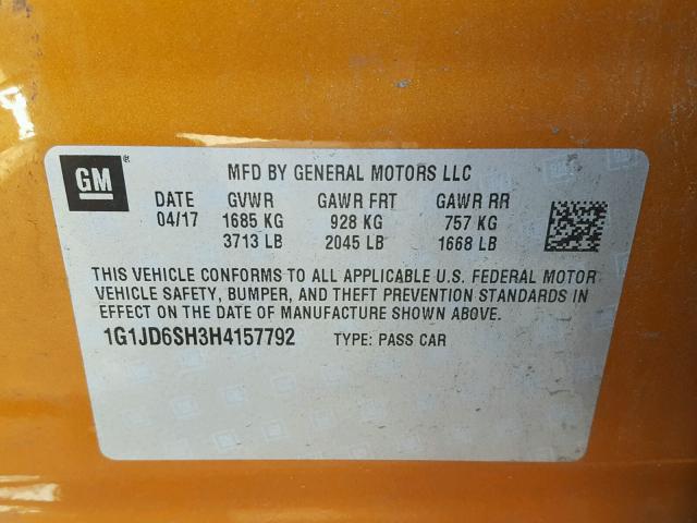 1G1JD6SH3H4157792 - 2017 CHEVROLET SONIC LT ORANGE photo 10