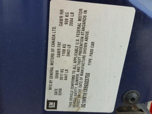 2G1WN161X69303750 - 2006 CHEVROLET MONTE CARL 蓝色 照片 10