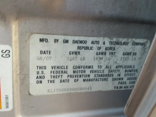 KL1TD66688B086648 - 2008 CHEVROLET AVEO BASE Srebrny zdjęcie 10