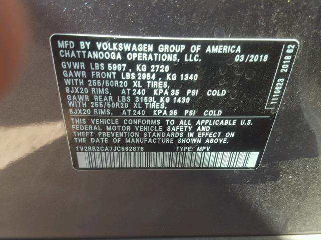 1V2RR2CA7JC562876 - 2018 VOLKSWAGEN ATLAS SEL Boz foto 10