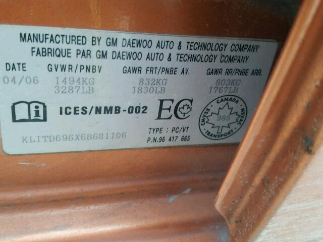 KL1TD696X6B681106 - 2006 CHEVROLET AVEO BASE ORANGE photo 10