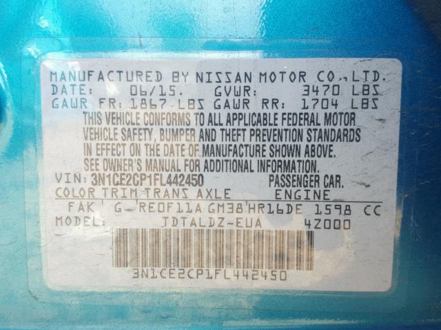 3N1CE2CP1FL442450 - 2015 NISSAN VERSA NOTE BLUE photo 10