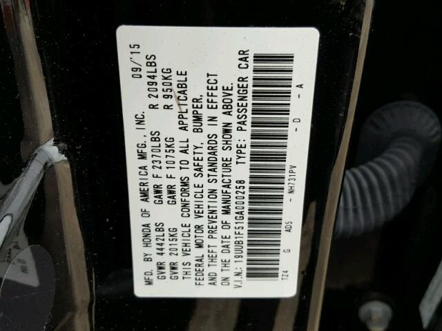 19UUB1F51GA000258 - 2016 ACURA TLX TECH BLACK photo 10