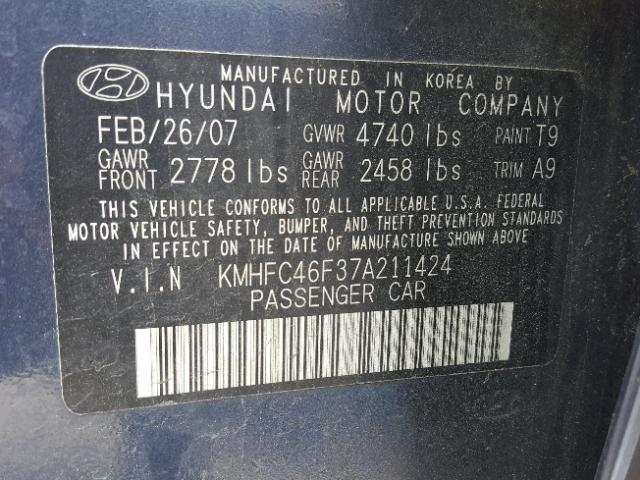 KMHFC46F37A211424 - 2007 HYUNDAI AZERA SE BLUE photo 10