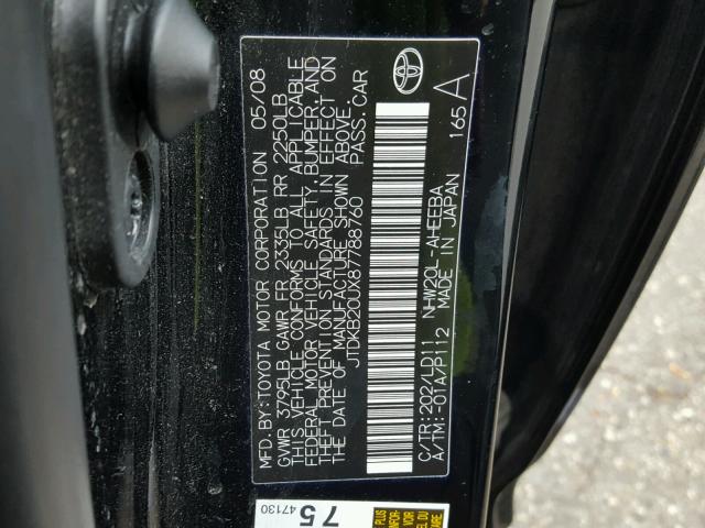 JTDKB20UX87788760 - 2008 TOYOTA PRIUS BLACK photo 10