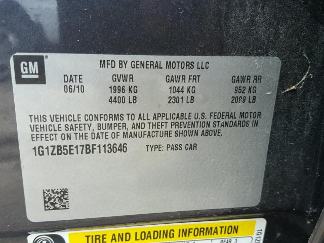 1G1ZB5E17BF113646 - 2011 CHEVROLET MALIBU LS CHARCOAL photo 10