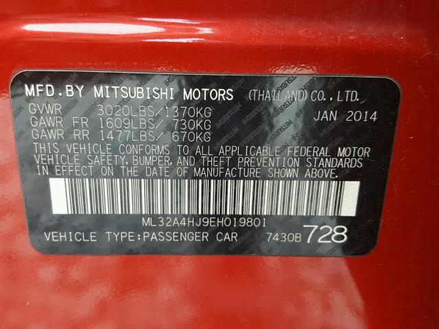 ML32A4HJ9EH019801 - 2014 MITSUBISHI MIRAGE ES RED photo 10