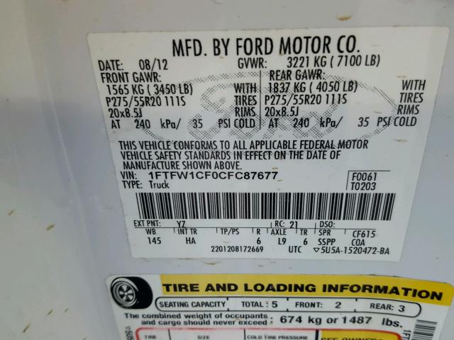 1FTFW1CF0CFC87677 - 2012 FORD F150 SUPER WHITE photo 10