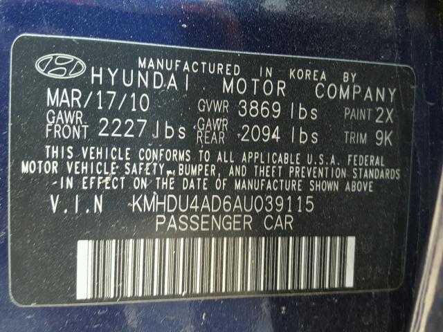 KMHDU4AD6AU039115 - 2010 HYUNDAI ELANTRA BL BLUE photo 10