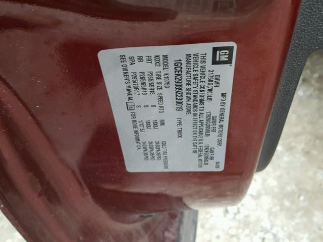 1GCEK29089Z230019 - 2009 CHEVROLET SILVERADO MAROON photo 10