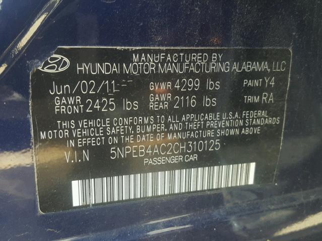 5NPEB4AC2CH310125 - 2012 HYUNDAI SONATA GLS BLUE photo 10