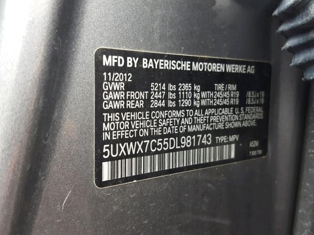 5UXWX7C55DL981743 - 2013 BMW X3 XDRIVE3 GRAY photo 10