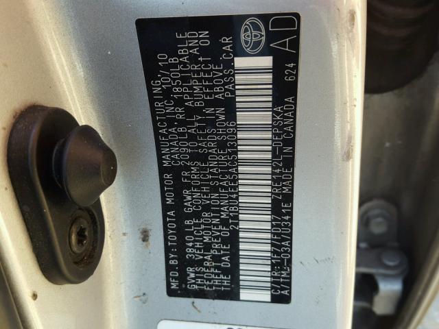 2T1BU4EE5AC513096 - 2010 TOYOTA COROLLA BA SILVER photo 10