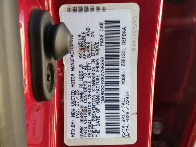 1NXBR32E36Z759392 - 2006 TOYOTA COROLLA RED photo 10