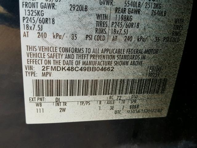 2FMDK48C49BB04662 - 2009 FORD EDGE SEL BLACK photo 10