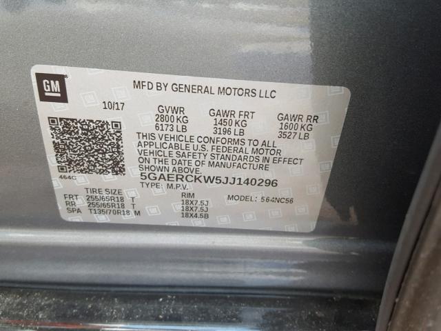 5GAERCKW5JJ140296 - 2018 BUICK ENCLAVE PR SILVER photo 10