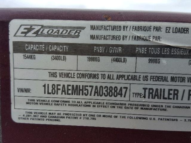 1L8FAEMH57A038847 - 2007 BOAT TRAILER MAROON photo 10