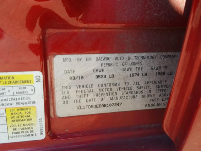 KL1TD5DE6AB107247 - 2010 CHEVROLET AVEO LS 红色 照片 10