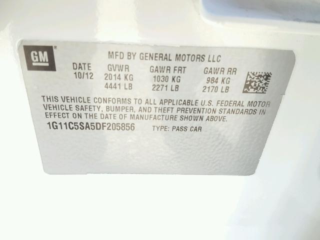 1G11C5SA5DF205856 - 2013 CHEVROLET MALIBU 1LT თეთრი ფოტო 10