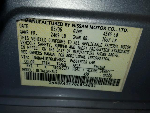 1N4BA41E76C854651 - 2006 NISSAN MAXIMA SE SILVER photo 10