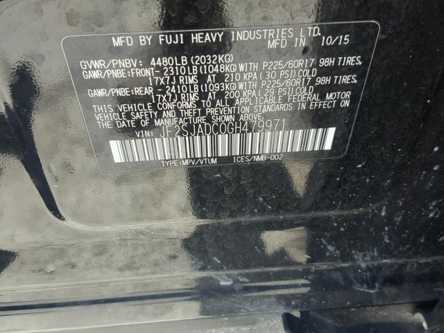 JF2SJADC0GH479971 - 2016 SUBARU FORESTER 2 BLACK photo 10