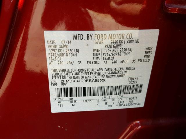 2FMDK3JC9EBA98520 - 2014 FORD EDGE SEL RED photo 10