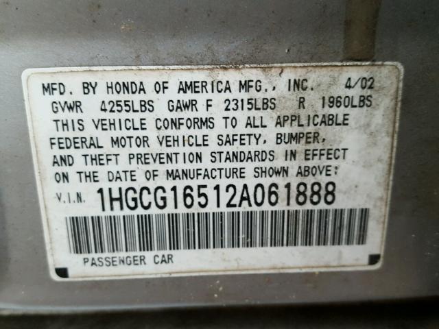 1HGCG16512A061888 - 2002 HONDA ACCORD EX SILVER photo 10