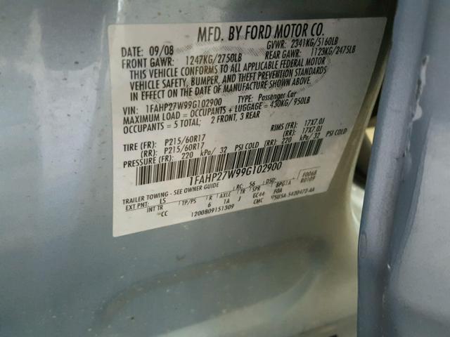 1FAHP27W99G102900 - 2009 FORD TAURUS SEL BLUE photo 10