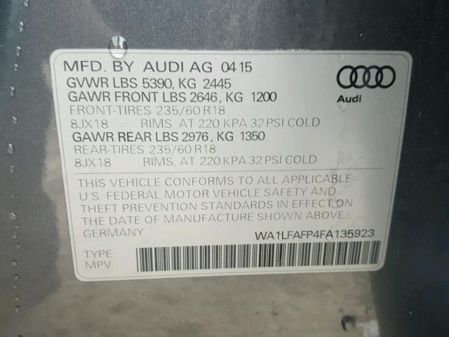 WA1LFAFP4FA135923 - 2015 AUDI Q5 PREMIUM GRAY photo 10