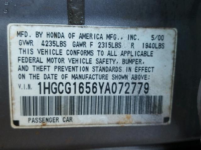 1HGCG1656YA072779 - 2000 HONDA ACCORD EX GRAY photo 10