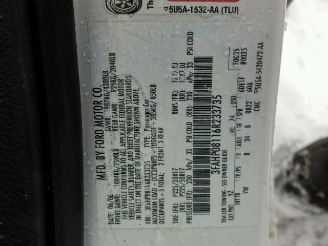 3FAHP08116R233735 - 2006 FORD FUSION SEL WHITE photo 10