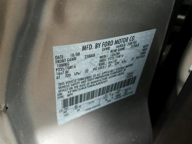 1FMCU93709KA80041 - 2009 FORD ESCAPE XLT SILVER photo 10