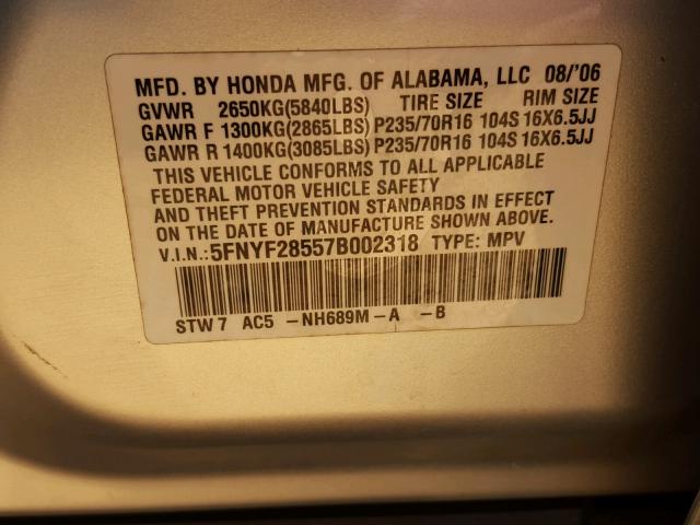 5FNYF28557B002318 - 2007 HONDA PILOT EXL SILVER photo 10