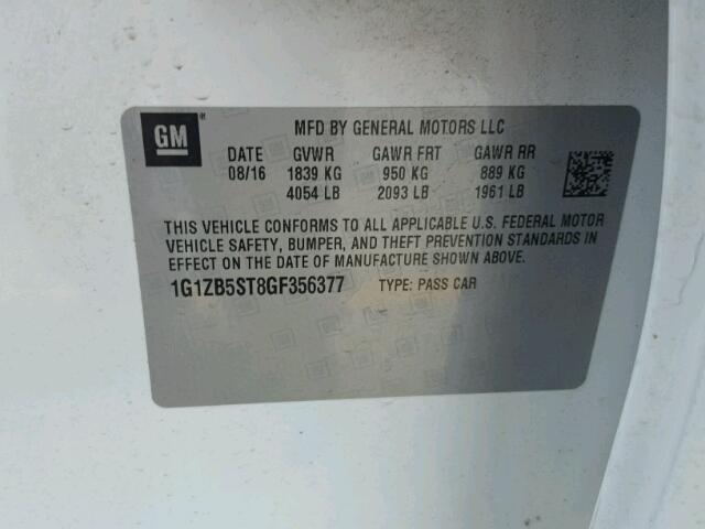 1G1ZB5ST8GF356377 - 2016 CHEVROLET MALIBU LS თეთრი ფოტო 10