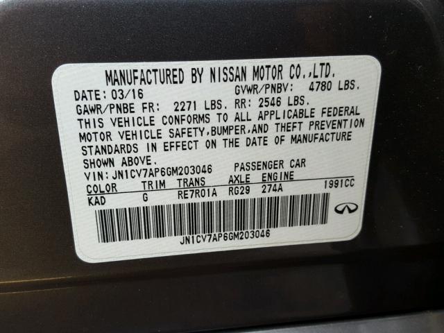 JN1CV7AP6GM203046 - 2016 INFINITI Q50 BASE Grafito foto 10