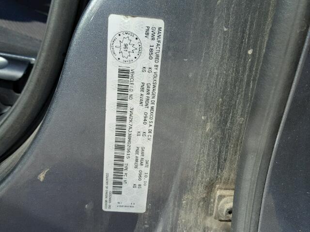 3VW2K7AJ3BM020615 - 2011 VOLKSWAGEN JETTA BASE GRAY photo 10