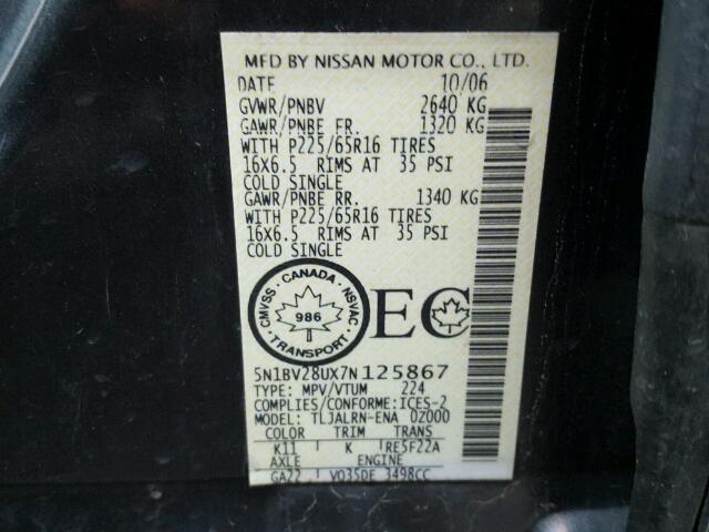 5N1BV28UX7N125867 - 2007 NISSAN QUEST S GRAY photo 10