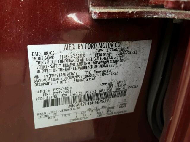 1MEFM42146G603639 - 2006 MERCURY MONTEGO PR 栗色 照片 10