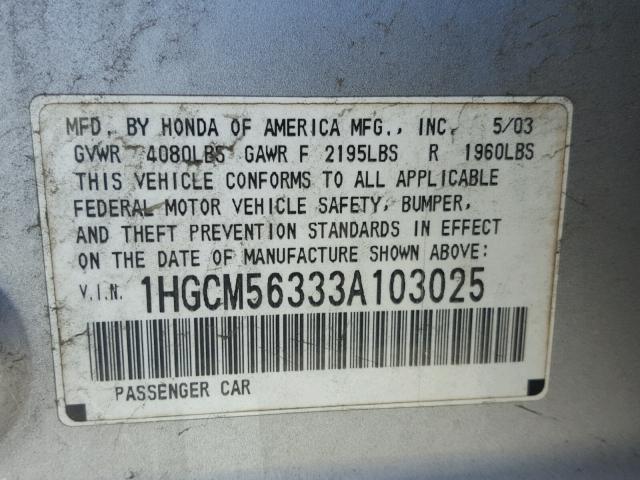 1HGCM56333A103025 - 2003 HONDA ACCORD LX SILVER photo 10