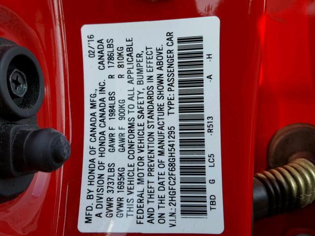 2HGFC2F68GH541295 - 2016 HONDA CIVIC LX RED photo 10