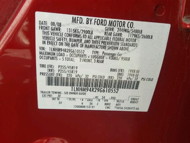 1LNHM94R29G610552 - 2009 LINCOLN MKS RED photo 10