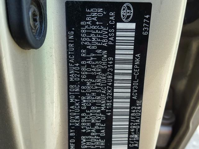 4T1BE32K74U873149 - 2004 TOYOTA CAMRY LE ოქროსფერი ფოტო 10