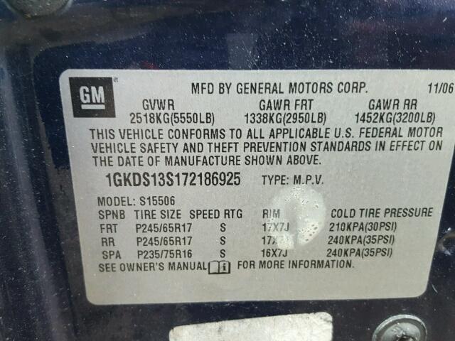 1GKDS13S172186925 - 2007 GMC ENVOY BLUE photo 10