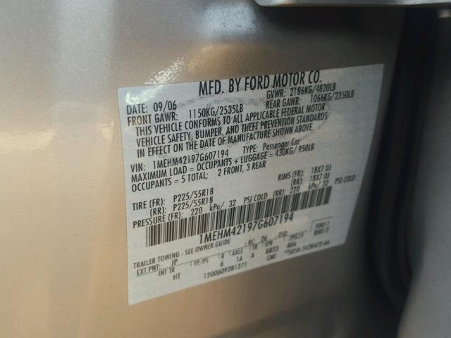 1MEHM42197G607194 - 2007 MERCURY MONTEGO PR 银色 照片 10