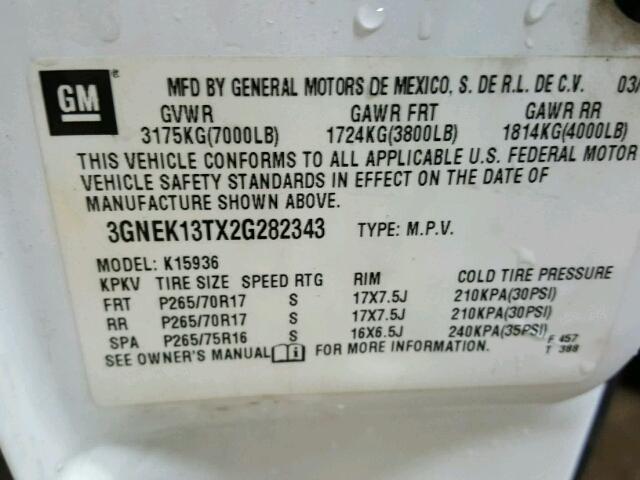 3GNEK13TX2G282343 - 2002 CHEVROLET AVALANCHE WHITE photo 10